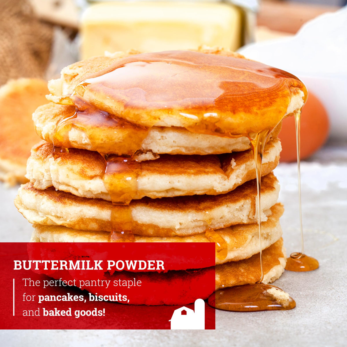 Hoosier Hill Farm Buttermilk Powder used for pancakes and biscuits in kitchen.