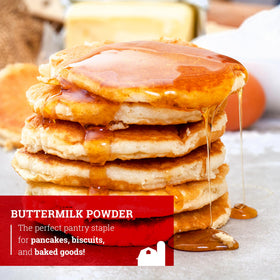 Hoosier Hill Farm Buttermilk Powder used for pancakes and biscuits in kitchen.
