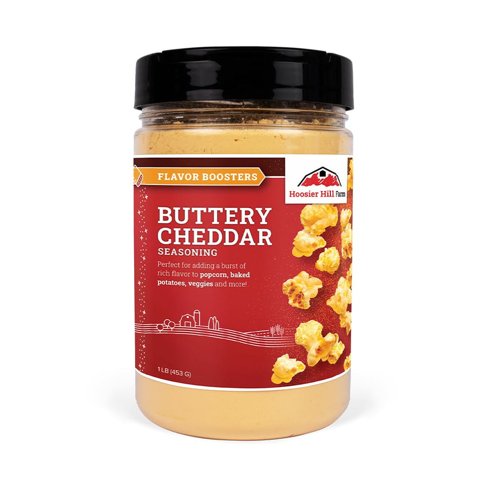 Hoosier Hill Farm Buttery Cheddar Seasoning jar shows rich aroma for snacks