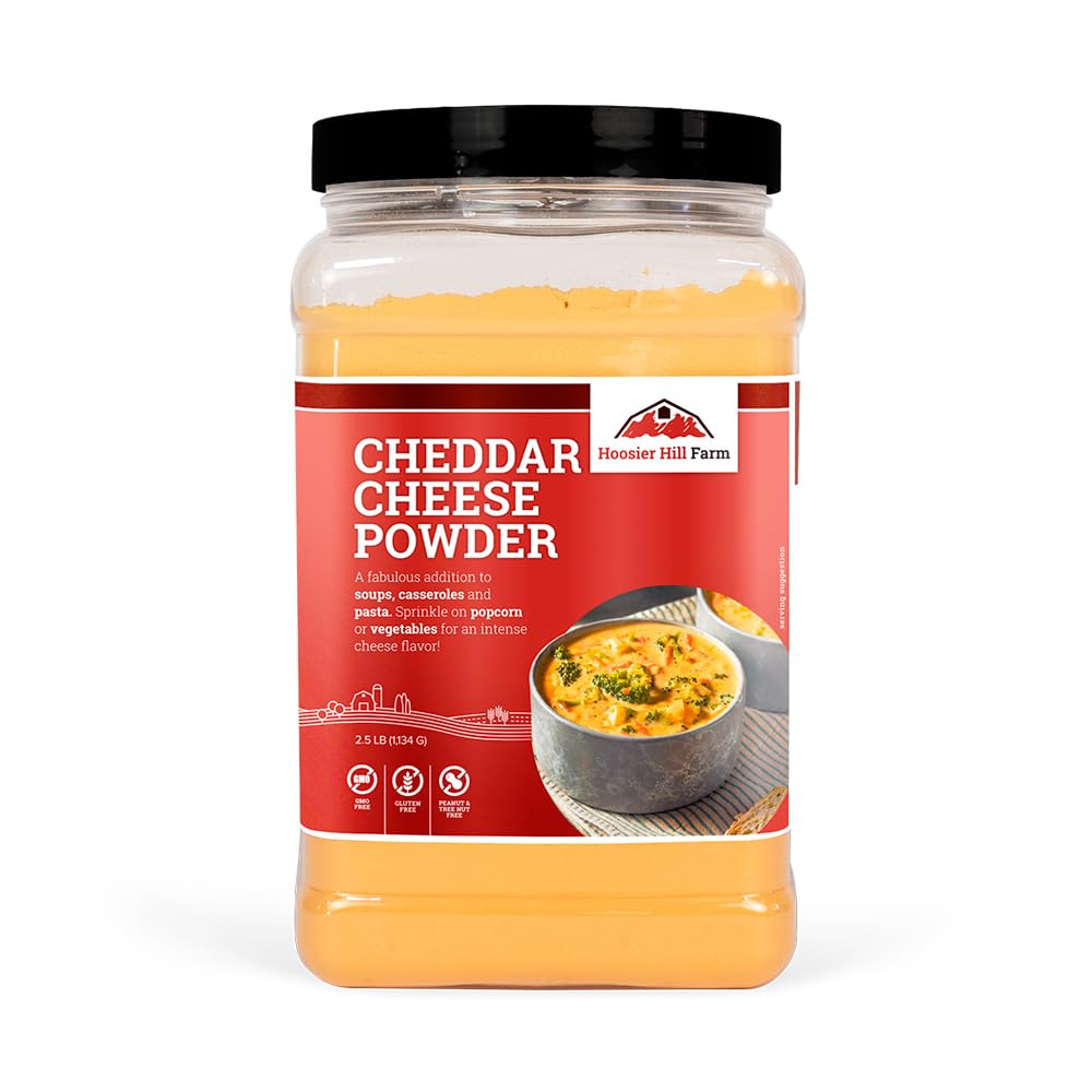 Hoosier Hill Farm Cheddar Cheese Powder jar highlighting real cheese flavor