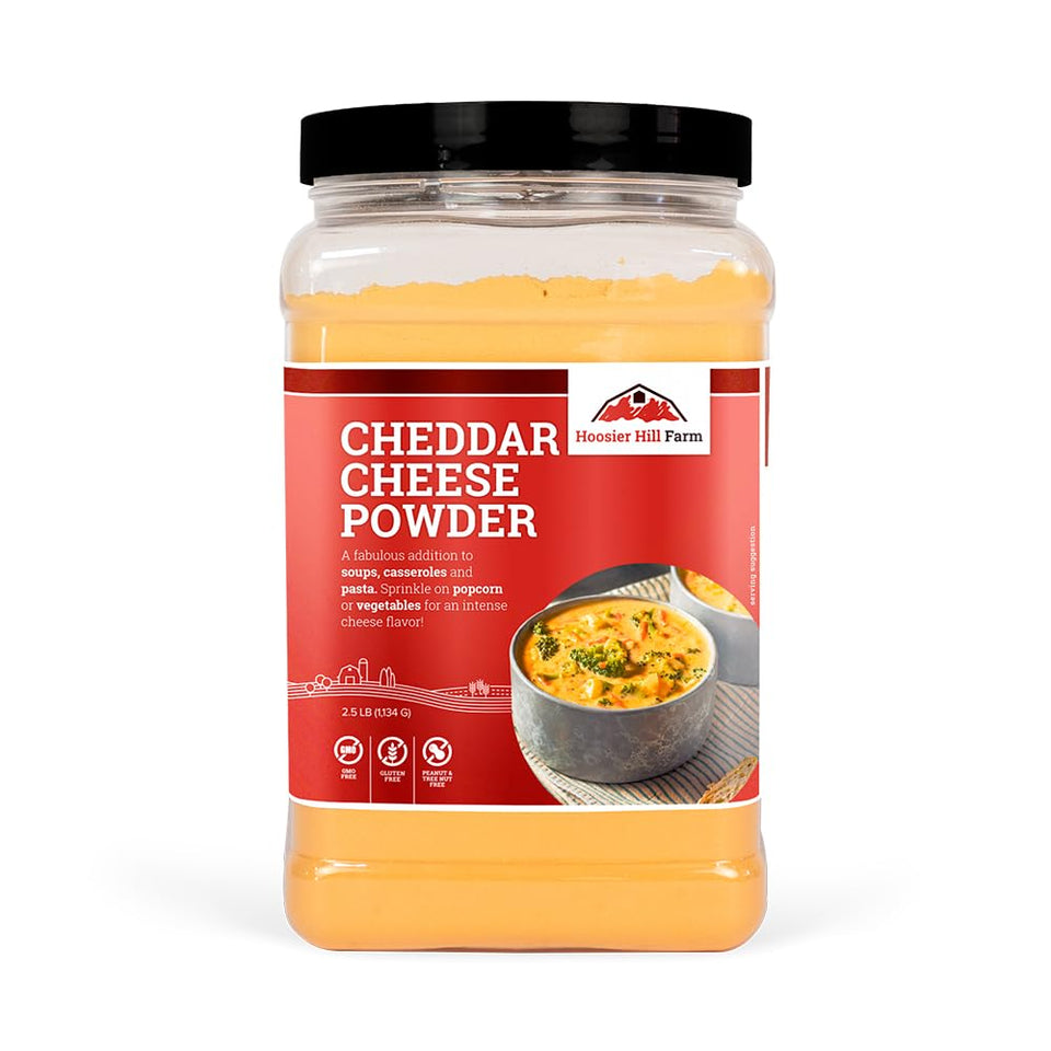 Hoosier Hill Farm Cheddar Cheese Powder jar highlighting real cheese flavor