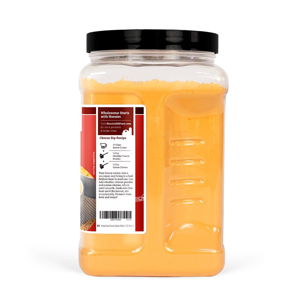 Hoosier Hill Farm cheddar cheese powder shaker on a kitchen counter