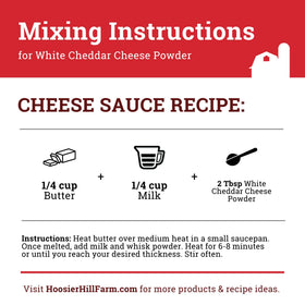 Hoosier Hill Farm cheddar cheese powder topping for potatoes and wraps.