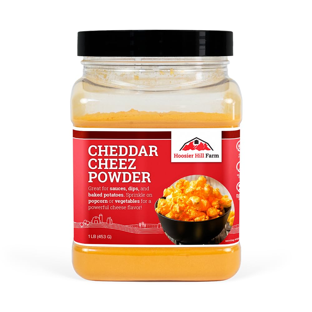 Hoosier Hill Farm Cheddar Cheez Powder bag front highlights rich cheddar flavor for everyday meals.