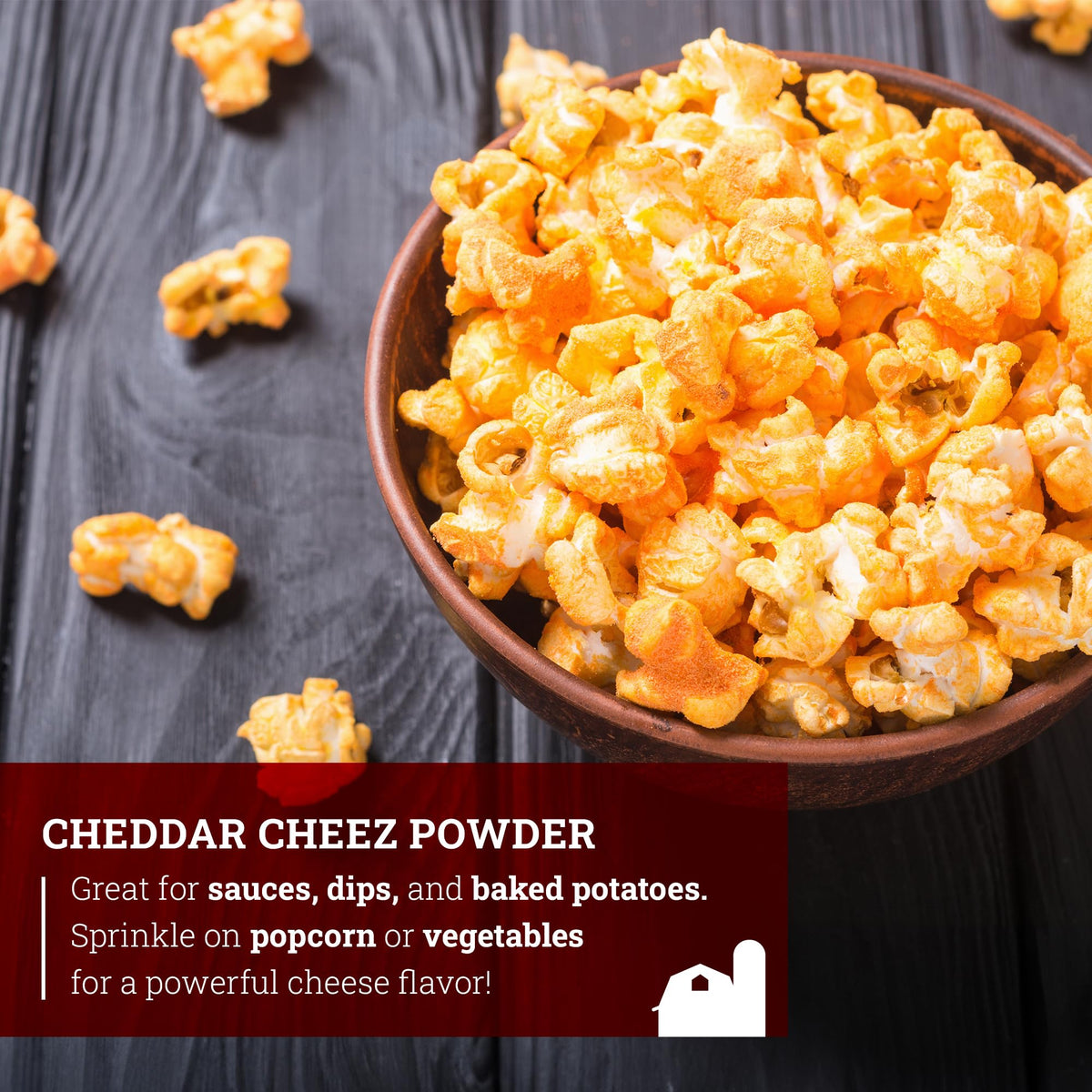Hoosier Hill Farm Cheddar Cheez Powder dusted on baked potatoes for savory coating.