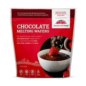 Hoosier Hill Farm chocolate melting wafers packaging ready for melting and use