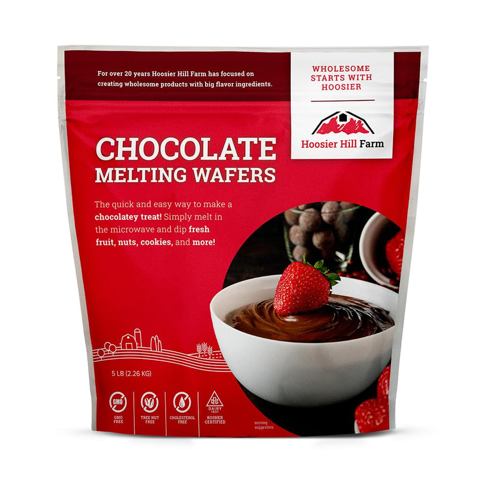 Hoosier Hill Farm chocolate melting wafers packaging ready for melting and use