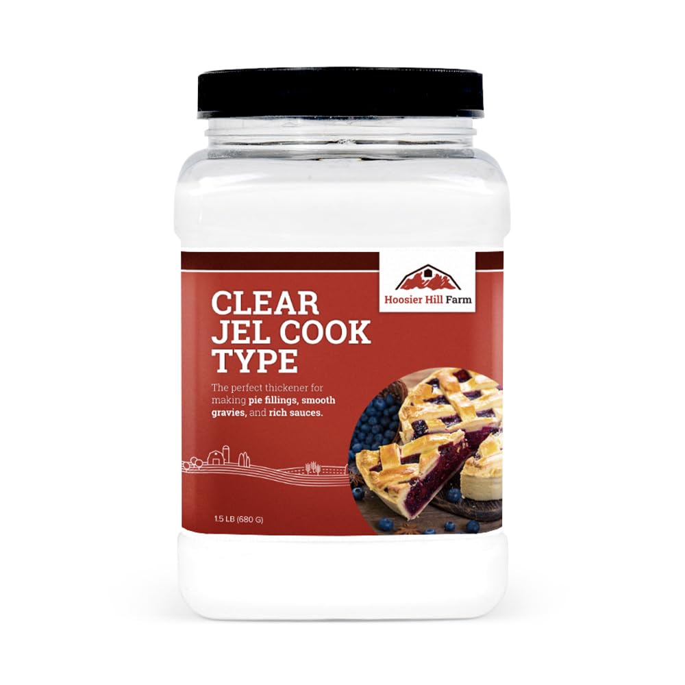 Hoosier Hill Farm Clear Jel Thickener bottle pour showing easy thickening for pies and gravies.