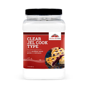 Hoosier Hill Farm Clear Jel Thickener bottle pour showing easy thickening for pies and gravies.