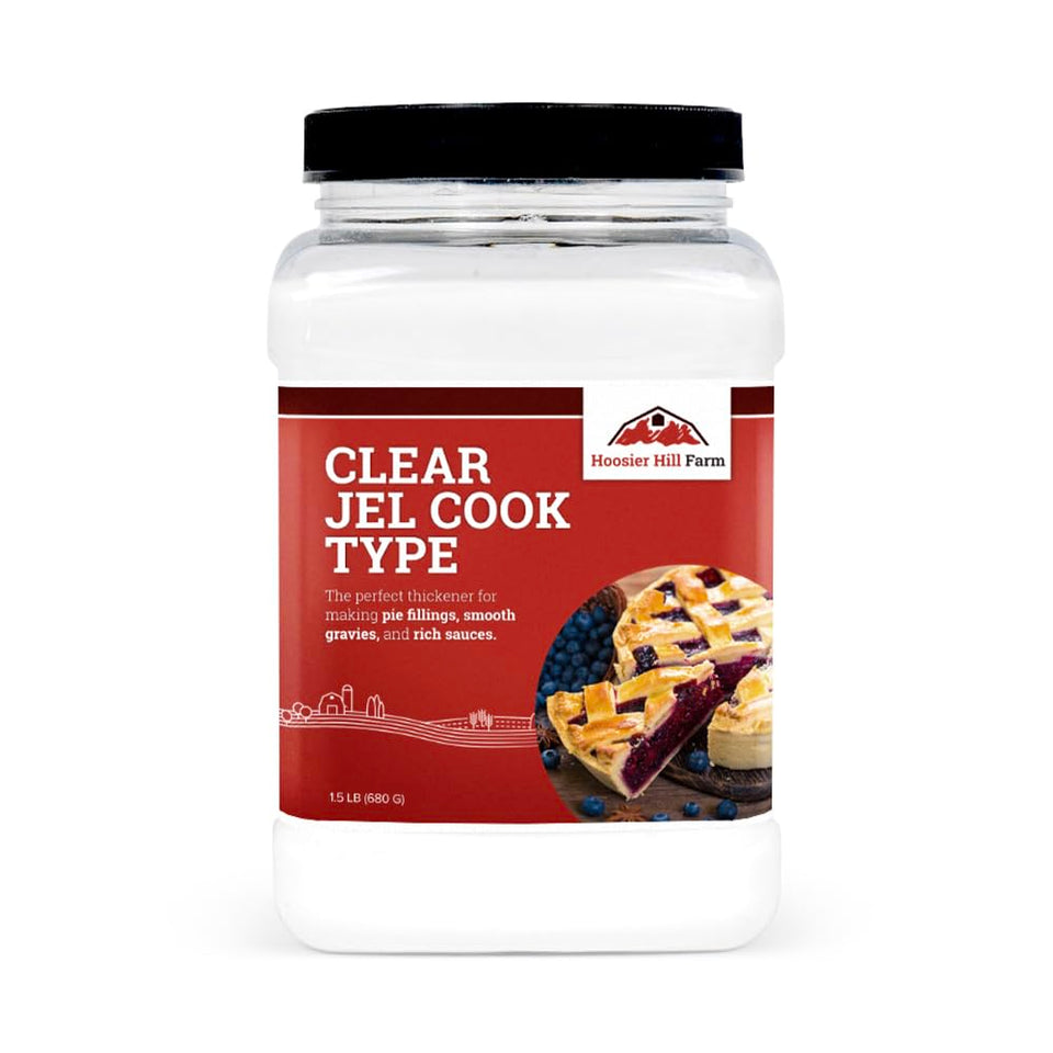 Hoosier Hill Farm Clear Jel Thickener bottle pour showing easy thickening for pies and gravies.