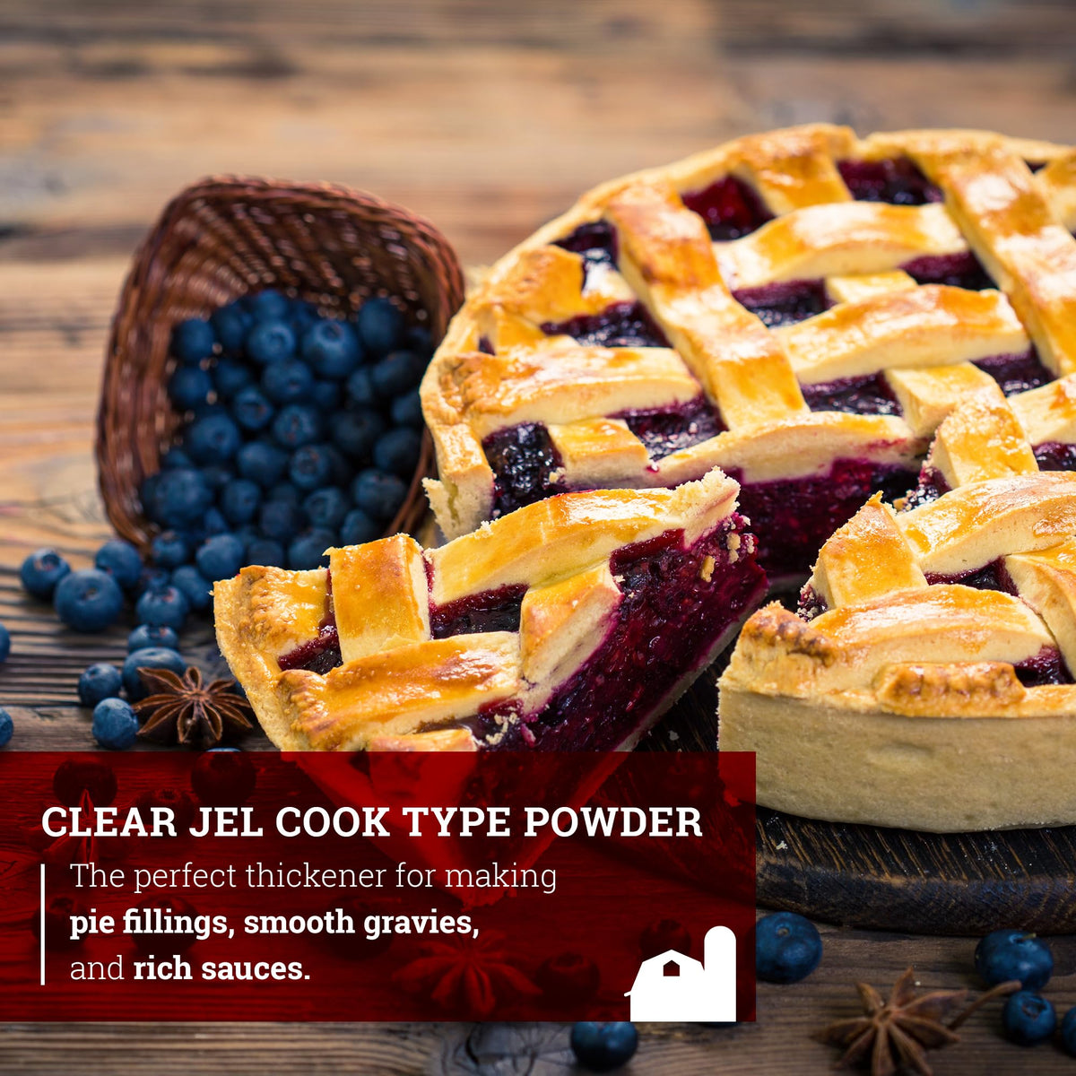Hoosier Hill Farm Clear Jel thickens fruit pie fillings for stable fillings.