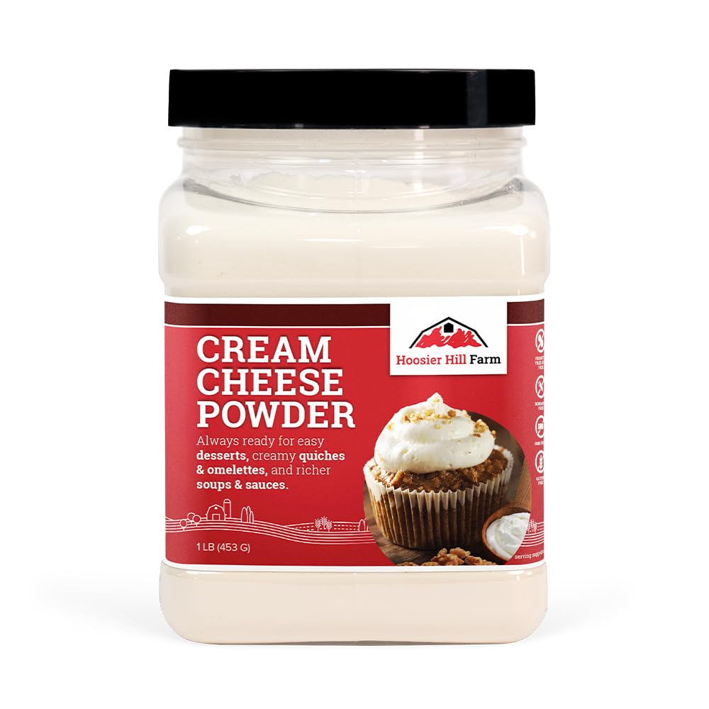 Hoosier Hill Farm Cream Cheese Powder packaging shown for pantry-friendly versatility