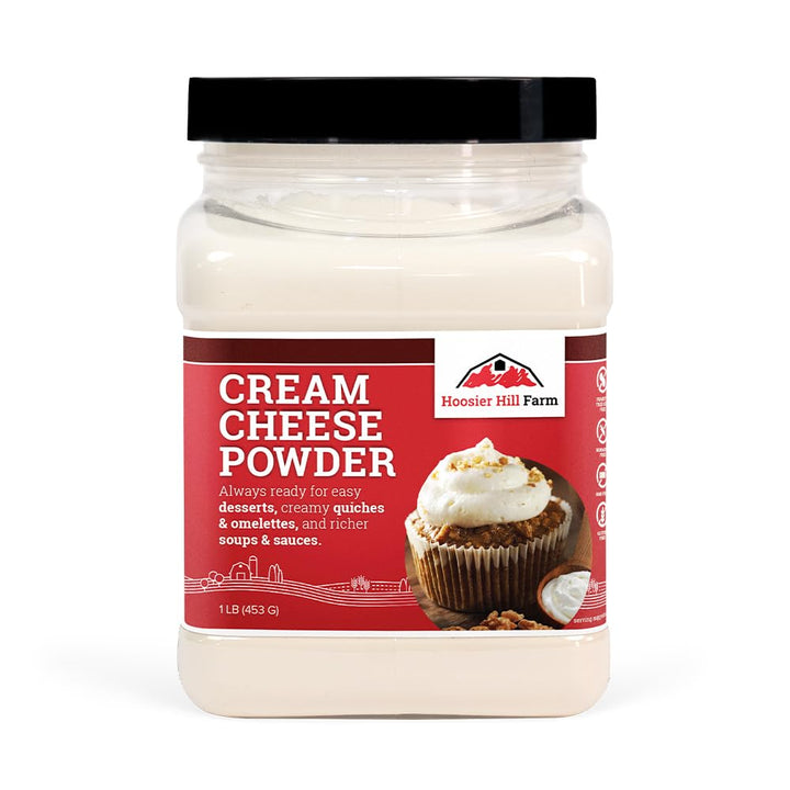 Hoosier Hill Farm Cream Cheese Powder packaging shown for pantry-friendly versatility