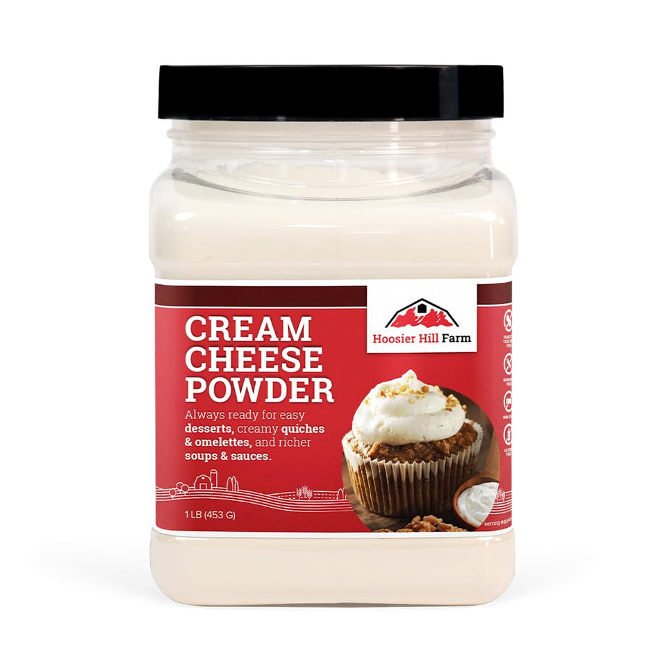 Hoosier Hill Farm Cream Cheese Powder packaging shown for pantry-friendly versatility