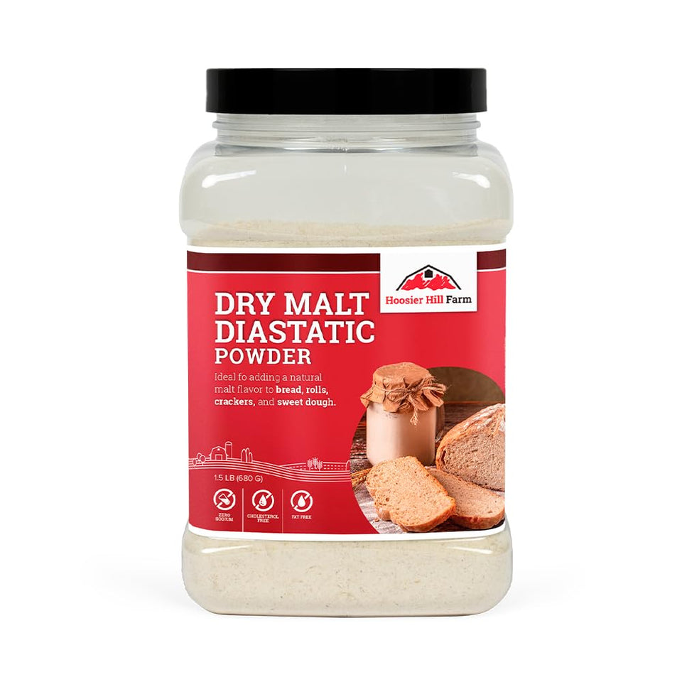 Hoosier Hill Farm Dry Malt Powder bottle enhances bread aroma and color during baking