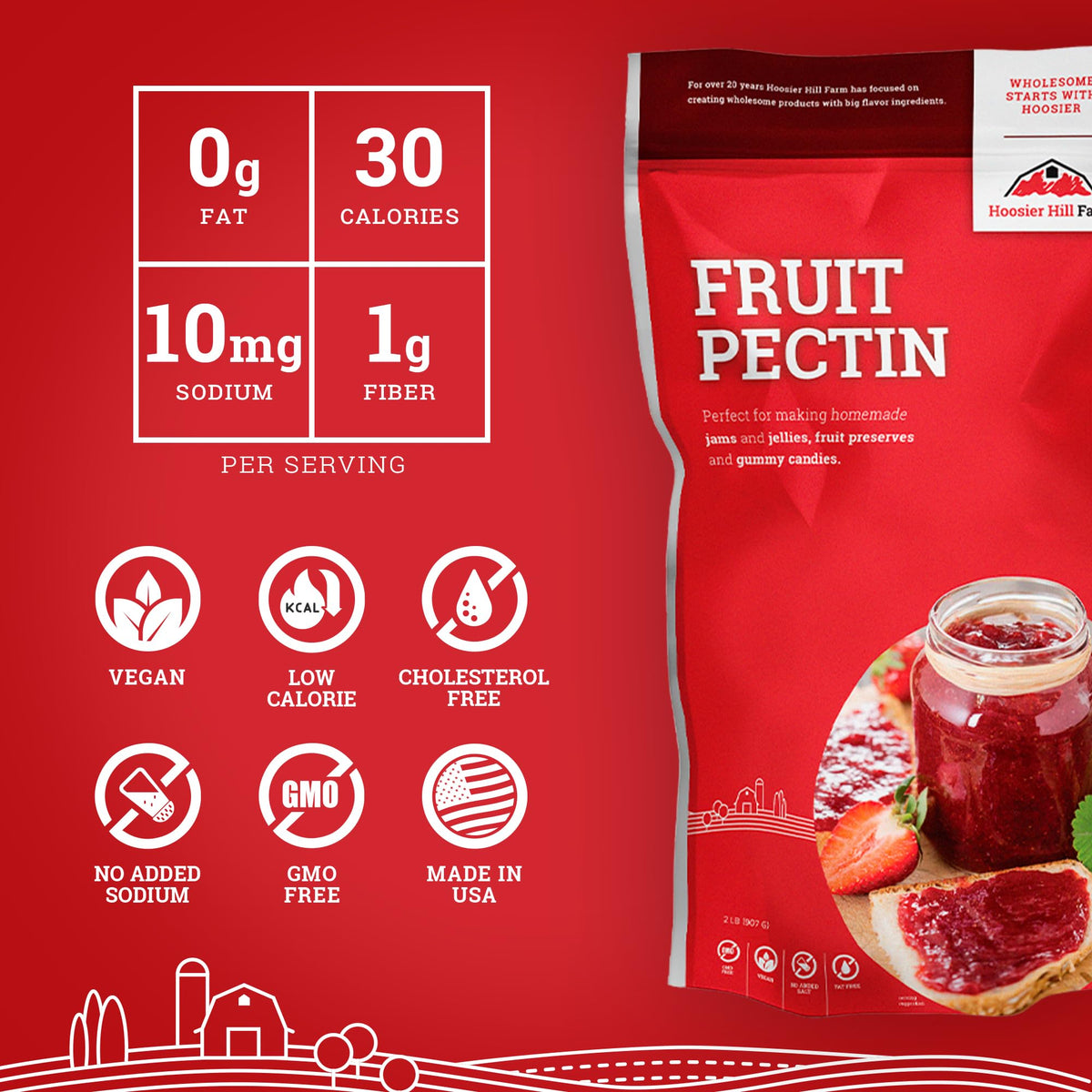 Hoosier Hill Farm fruit pectin sprinkled into fruit puree for jelly.
