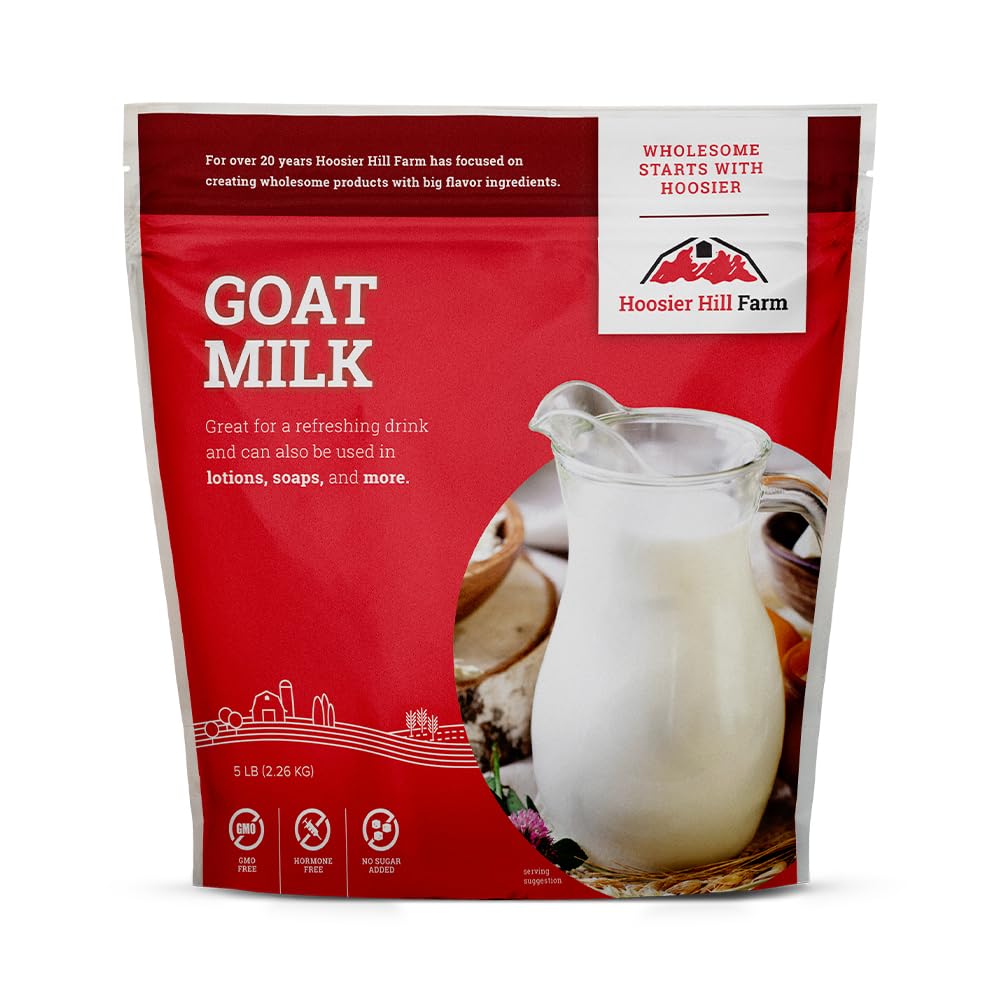 Hoosier Hill Farm Goat Milk Powder label showing full cream formula for recipes