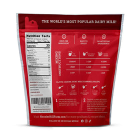 Nutrition panel on Hoosier Hill Farm Goat Milk Powder highlights vitamins and minerals