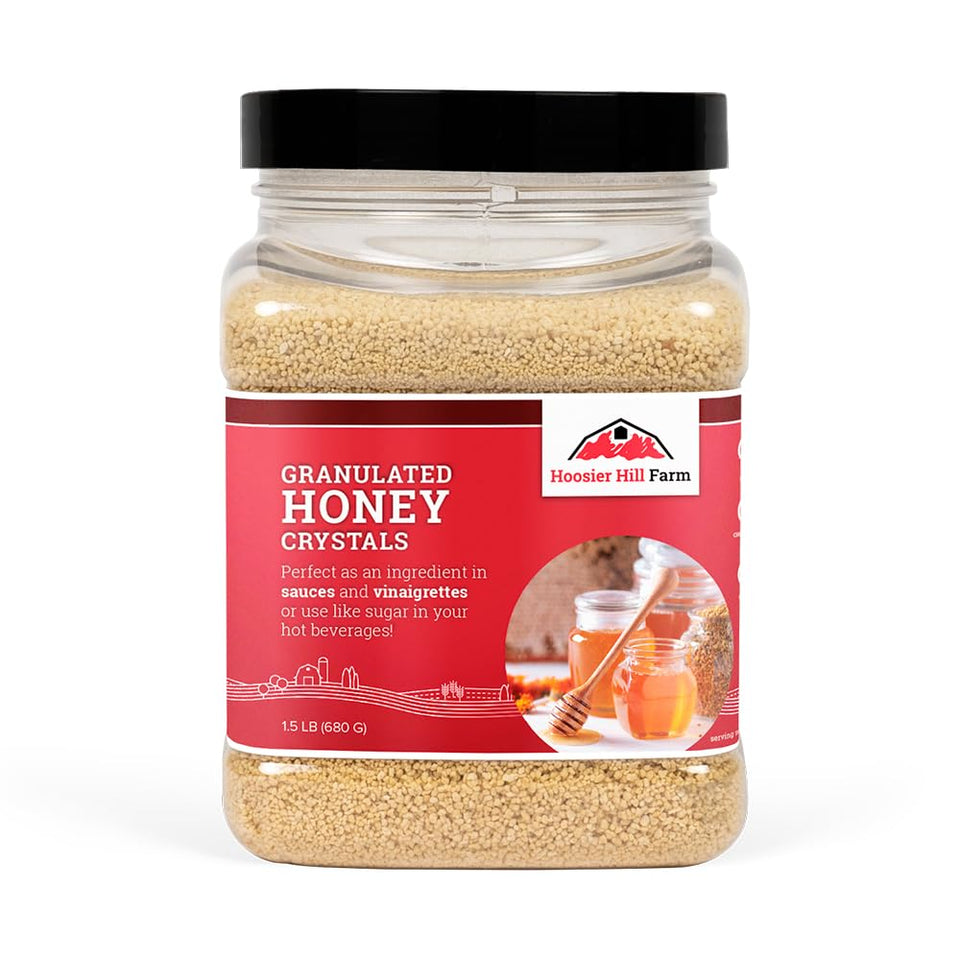 Hoosier Hill Farm granulated honey crystals bottle front for versatile sweetness