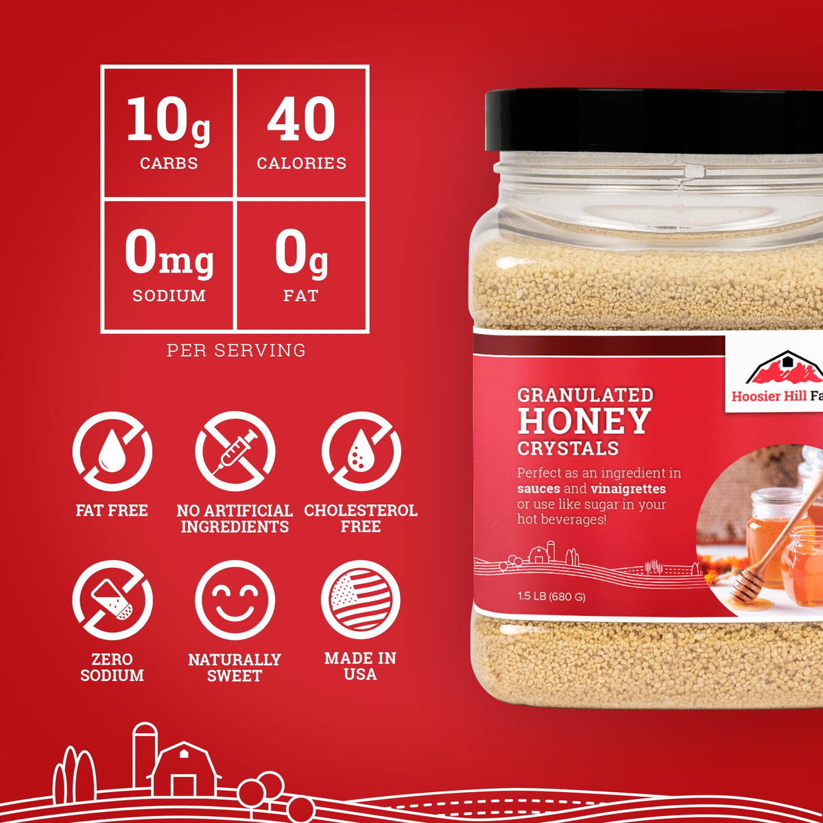Hoosier Hill Farm granulated honey crystals dissolving in water for beverages