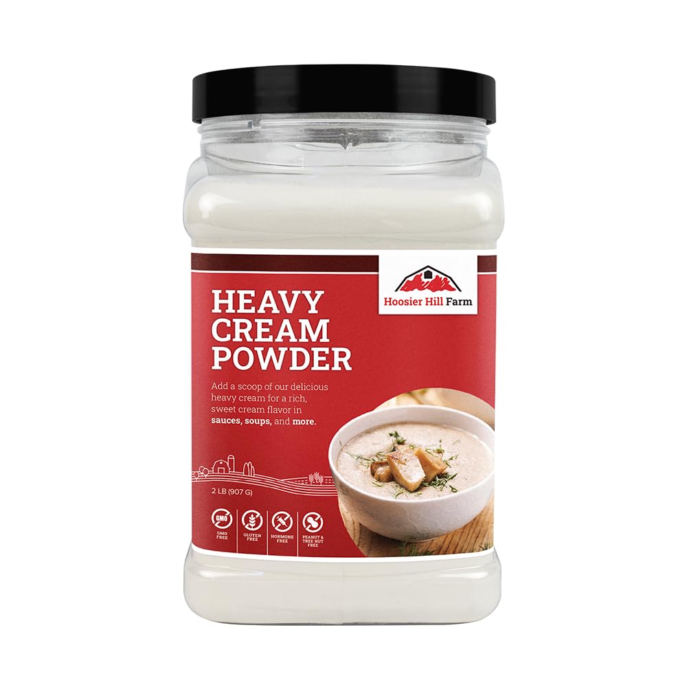 Hoosier Hill Farm Heavy Cream Powder packaging showing 2 lb size for shelf-stable dairy