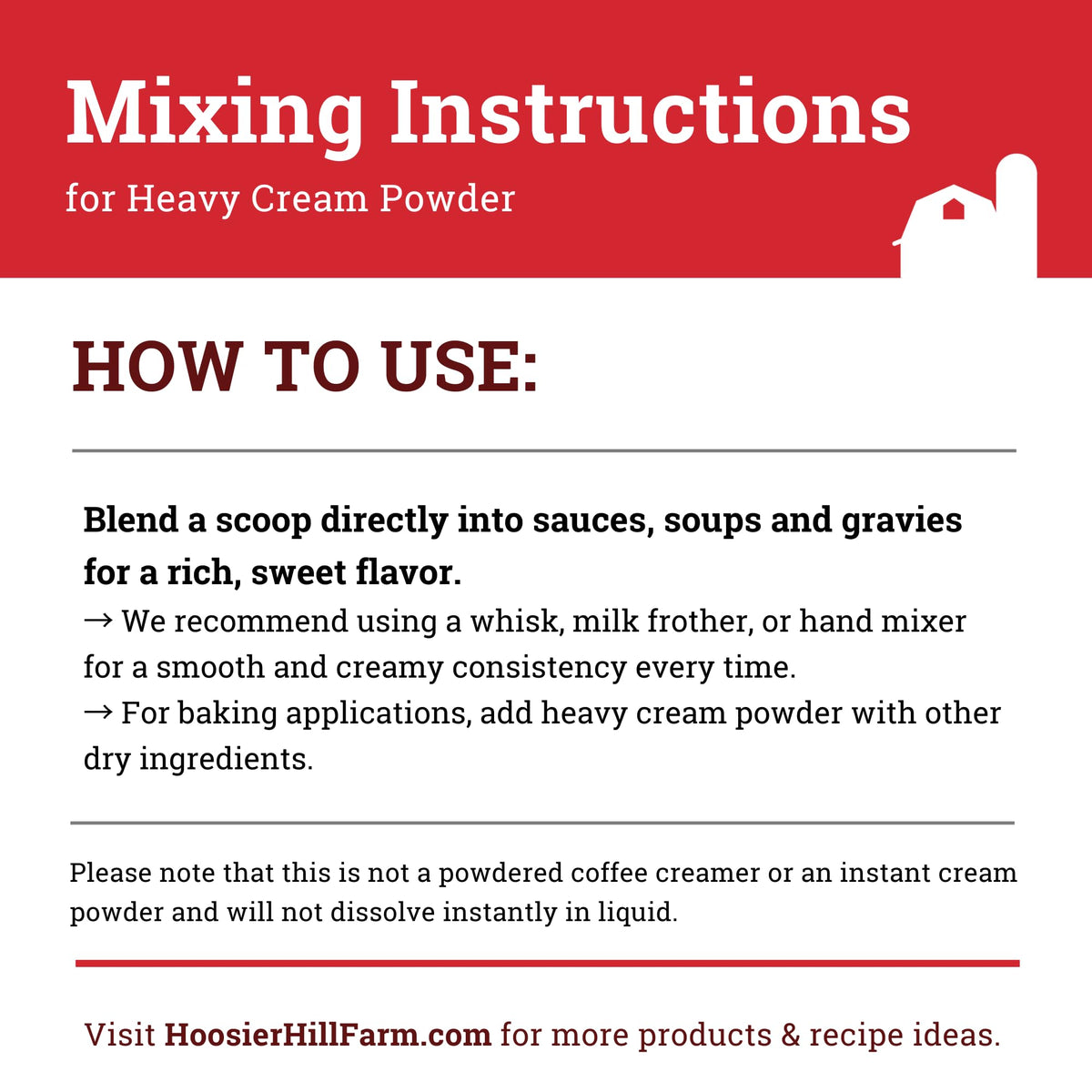 Hoosier Hill Farm heavy cream powder label highlighting USA production.