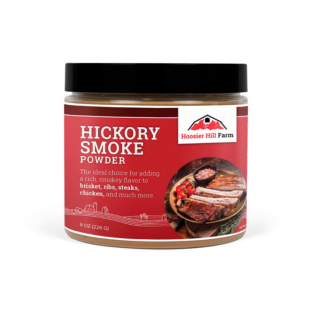Hoosier Hill Farm Hickory Smoke Powder jar enhances smoky flavor in cooking.