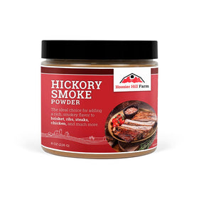Hoosier Hill Farm Hickory Smoke Powder jar enhances smoky flavor in cooking.