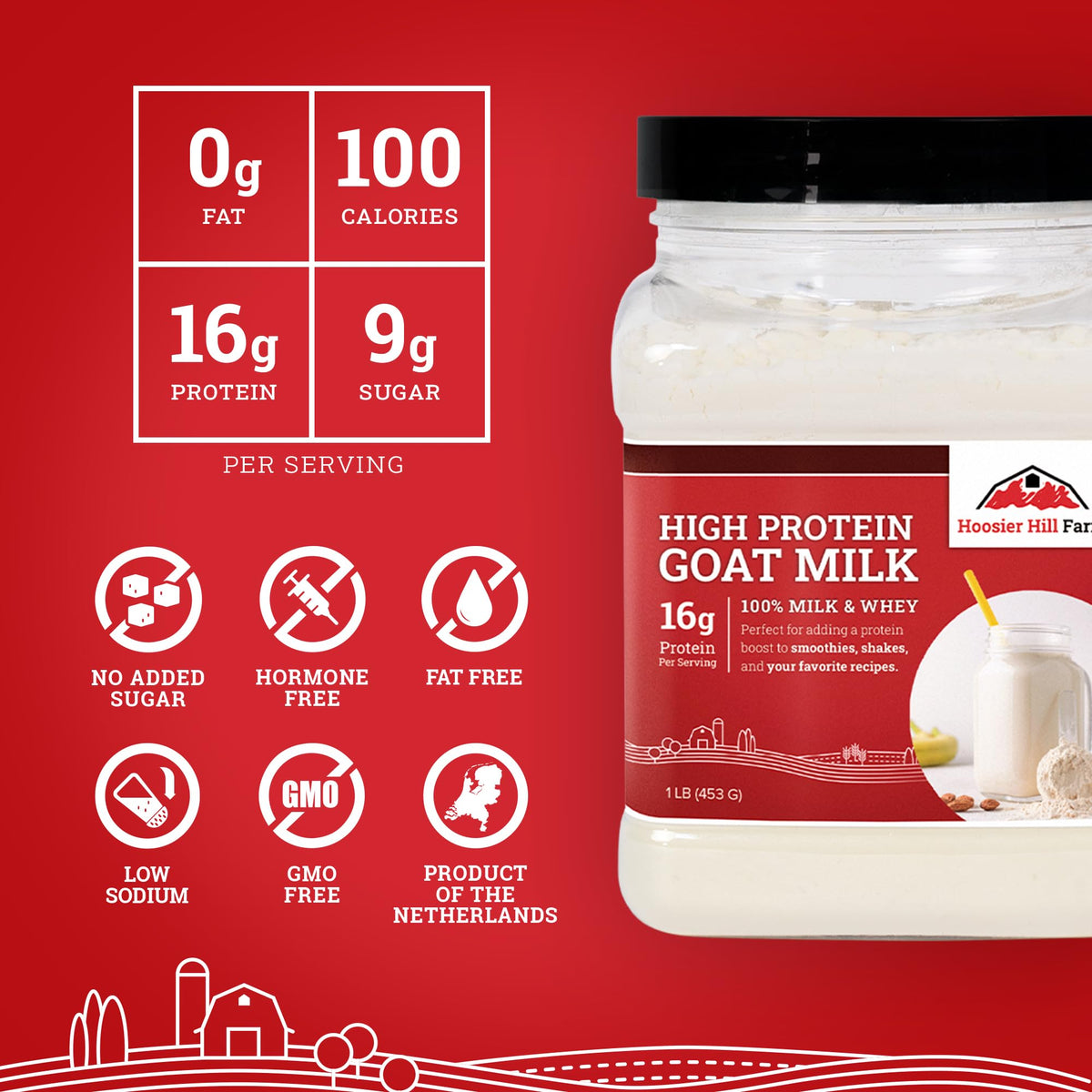 Glass of prepared Hoosier Hill Farm high protein goat milk for quick mixing.