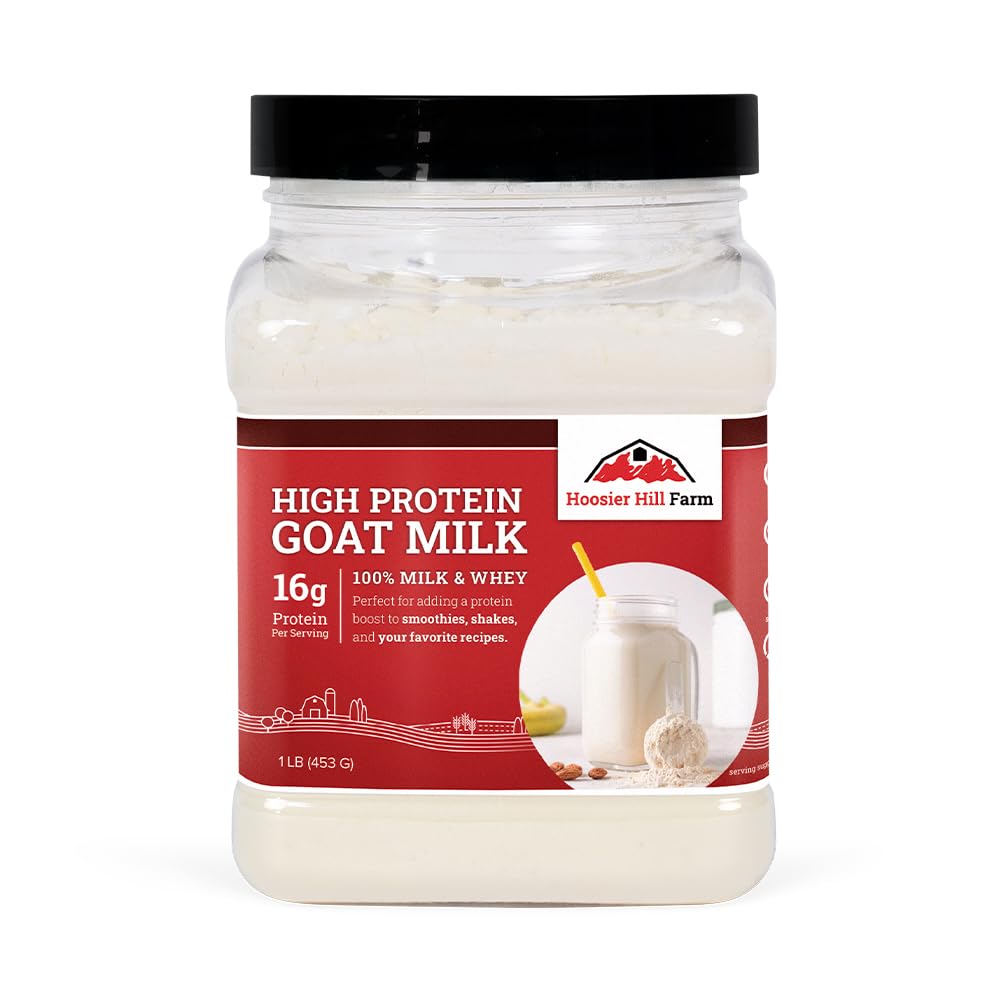 Hoosier Hill Farm high protein goat milk powder with scoop for protein shakes.