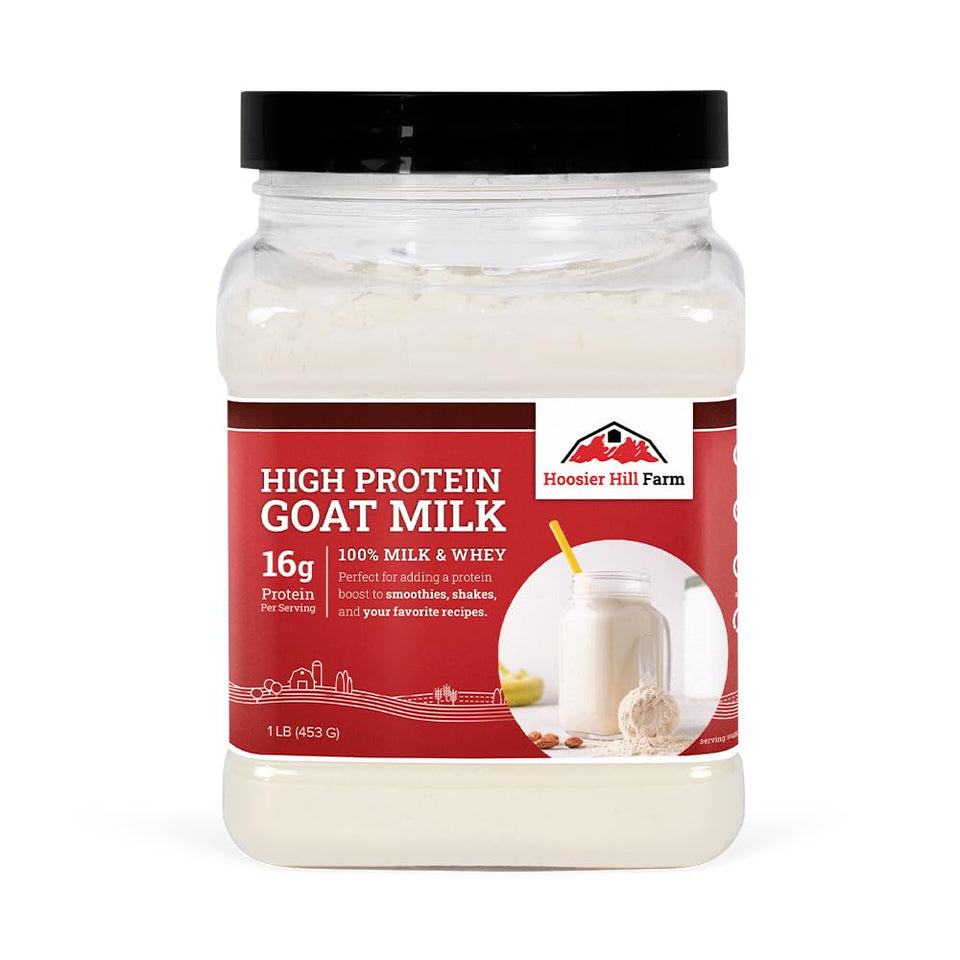 Hoosier Hill Farm high protein goat milk powder with scoop for protein shakes.