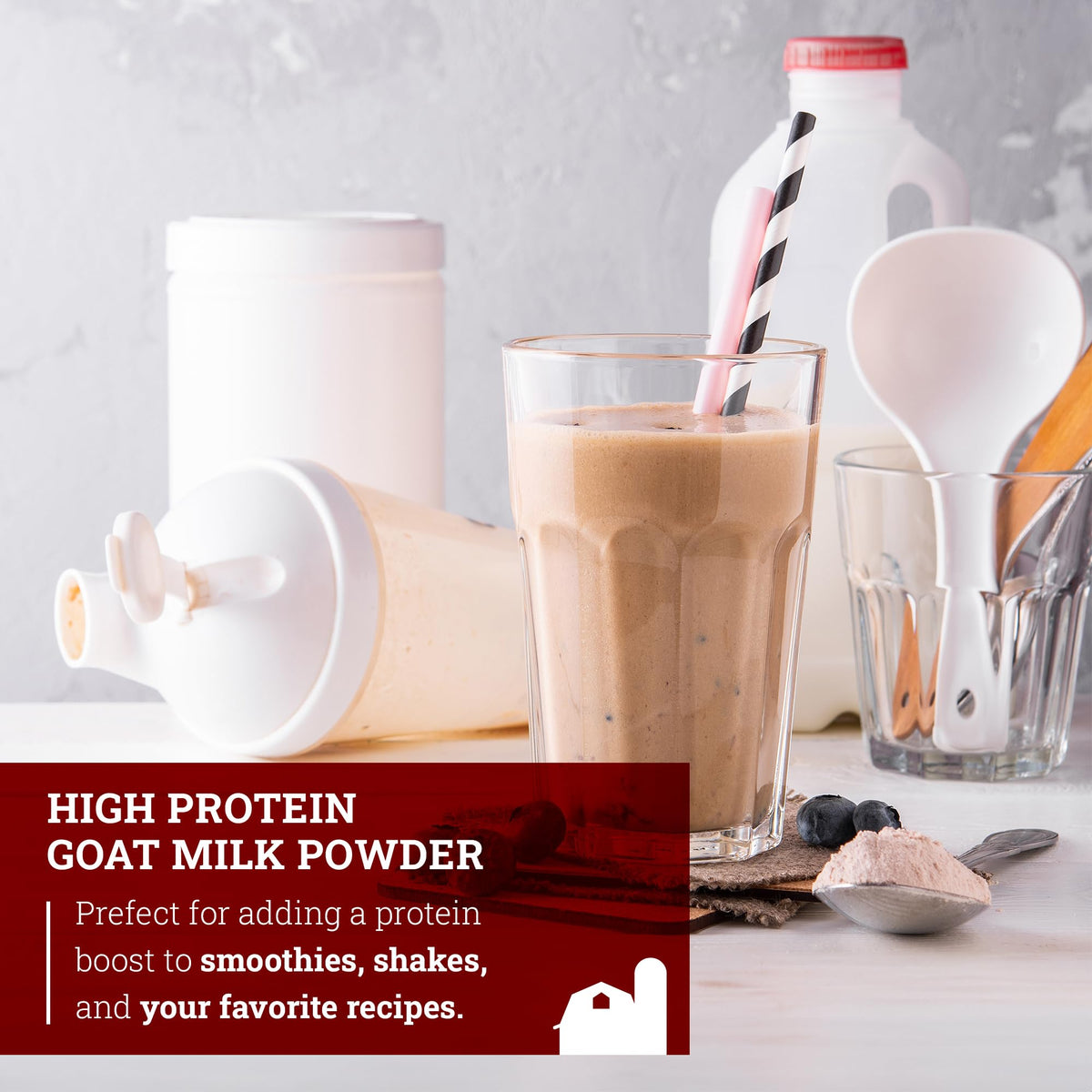 Pouring smoothie made with Hoosier Hill Farm high protein goat milk powder.