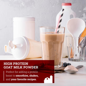 Pouring smoothie made with Hoosier Hill Farm high protein goat milk powder.