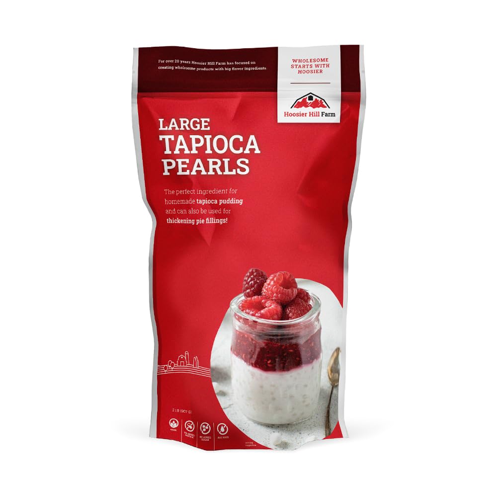 Hoosier Hill Farm large tapioca pearls packaging shows quality ingredients for versatile desserts.