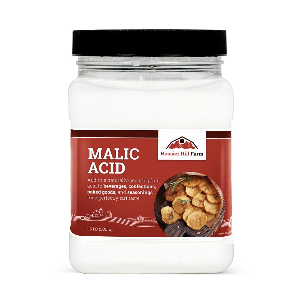Hoosier Hill Farm malic acid powder bottle for sour candy coatings.