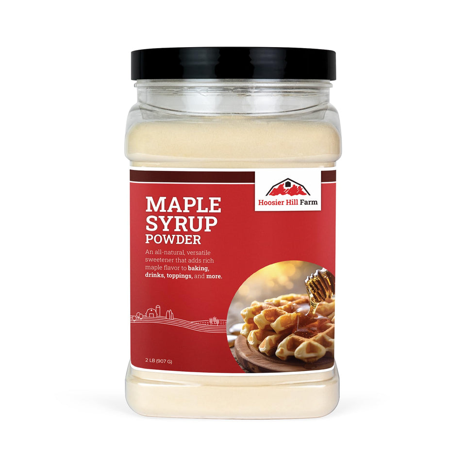 Hoosier Hill Farm Maple Syrup Powder bottle pour offers mess-free flavoring.