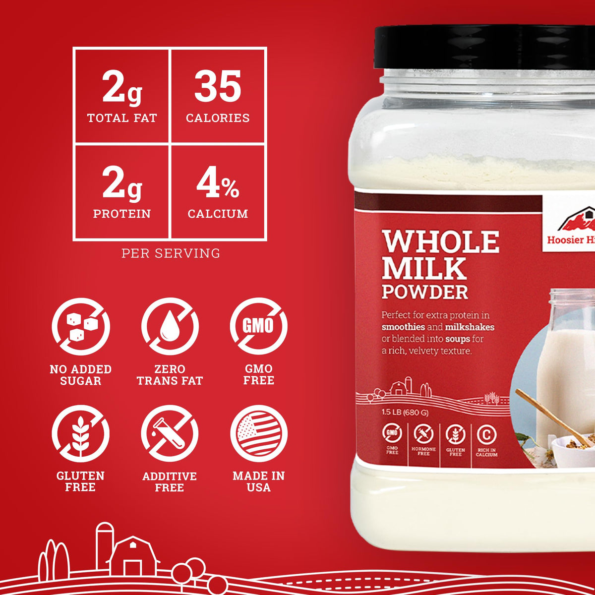 Reconstituted milk in a glass using Hoosier Hill Farm powder for creamy beverages.