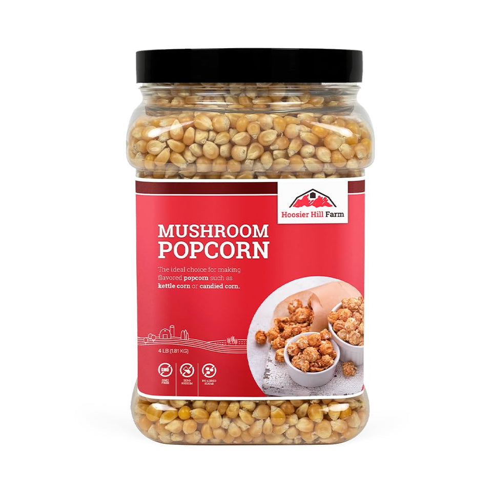Hoosier Hill Farm Mushroom Popcorn bag front shows fresh kernels ideal for DIY kettle corn.
