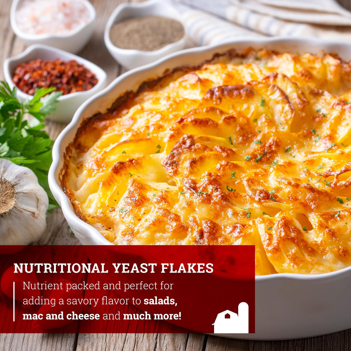 Hoosier Hill Farm Nutritional Yeast Flakes on pasta dish.