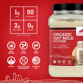 Hoosier Hill Farm Organic Oat Milk Powder in coffee cup for a creamy morning beverage.