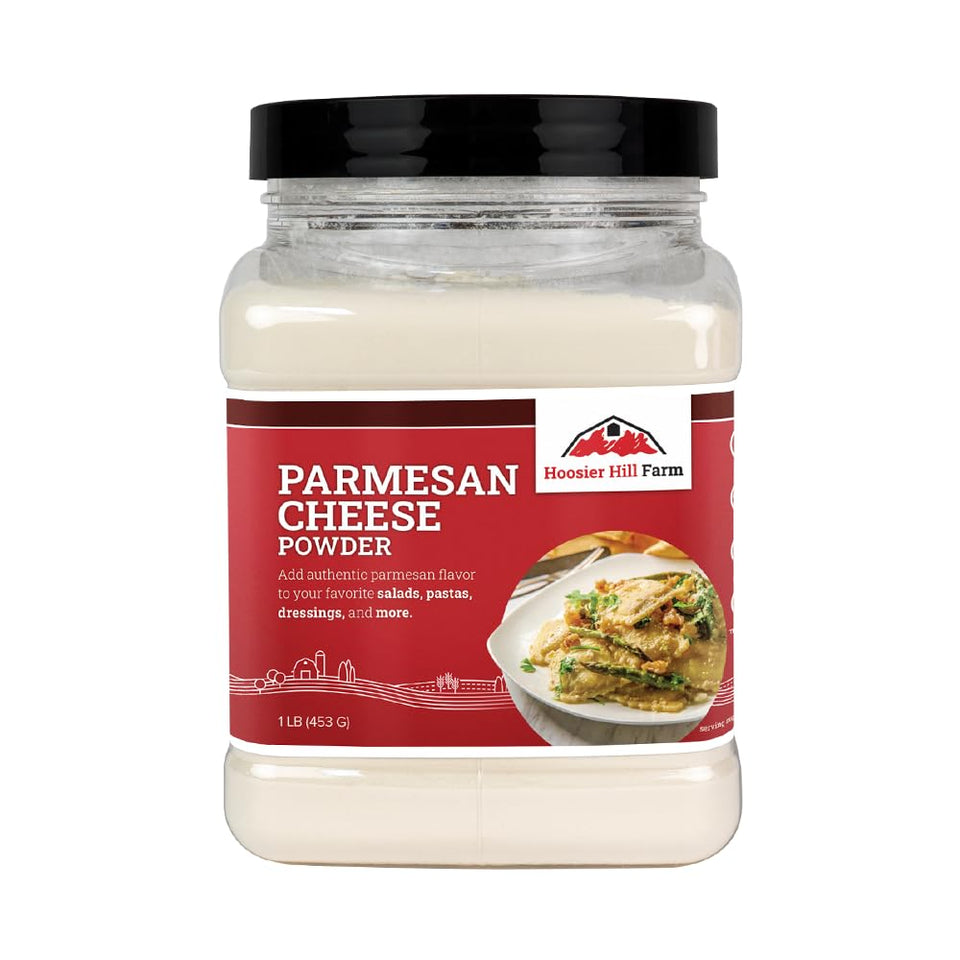 Hoosier Hill Farm parmesan-cheese-powder-1lb-bottle enhances pasta flavor.