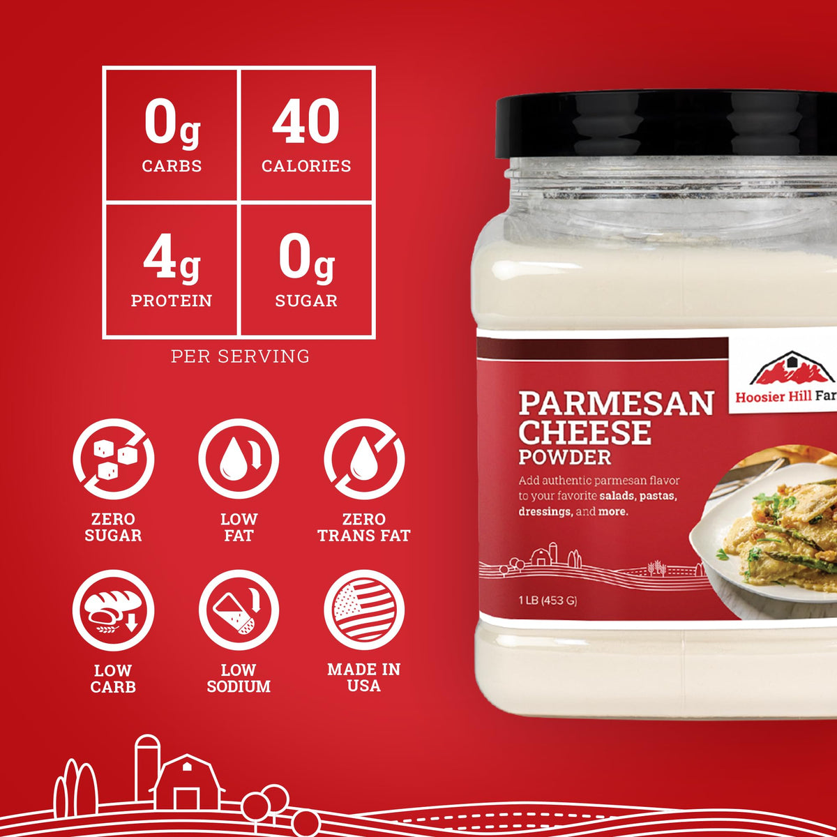 Hoosier Hill Farm parmesan-cheese-powder-dispensing adds rich finish.
