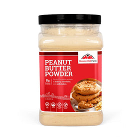 Hoosier Hill Farm Peanut Butter Powder in a jar shows 100% roasted peanuts flavor