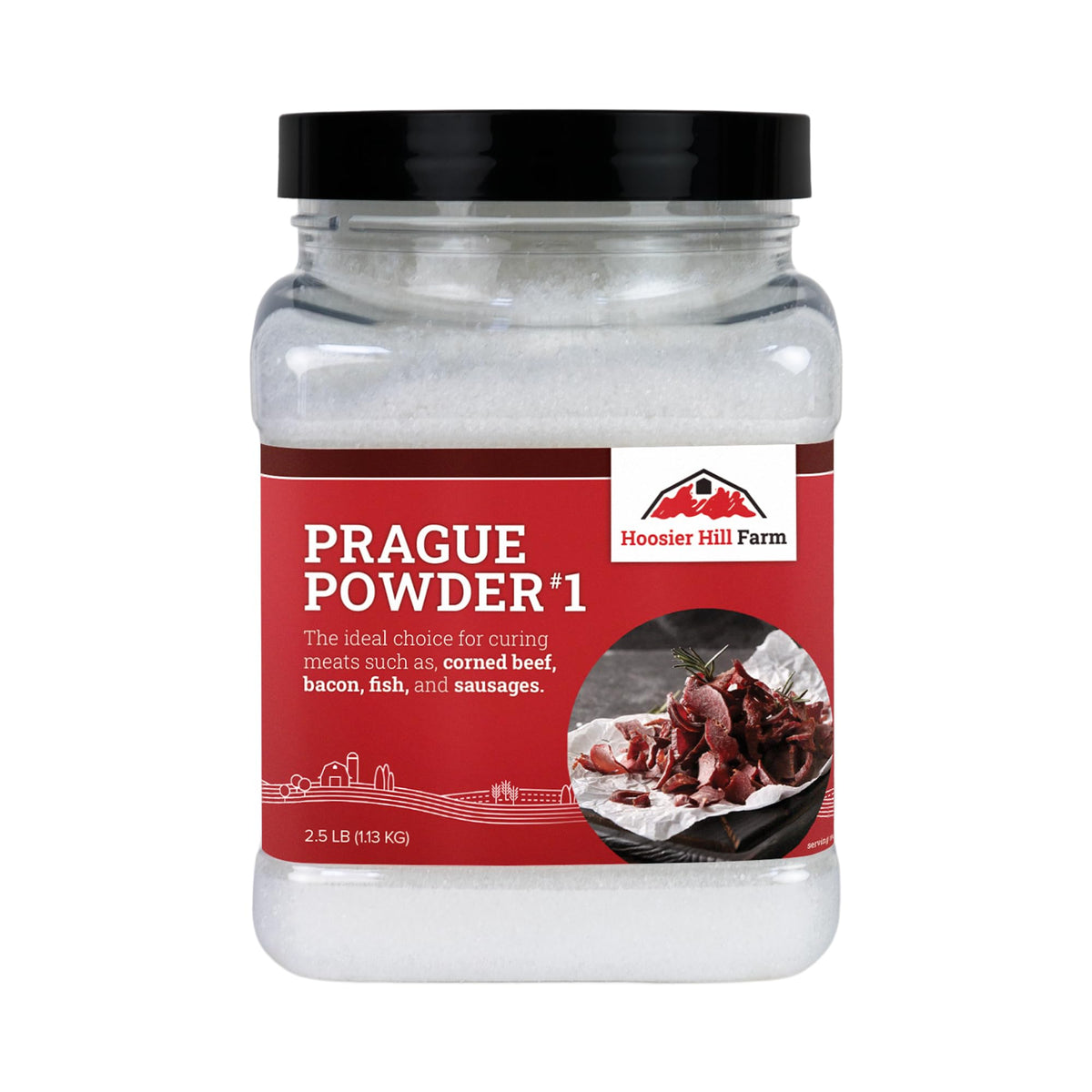 Hoosier Hill Farm Prague Powder No. 1 container shown, essential curing salt for safe meat preservation.