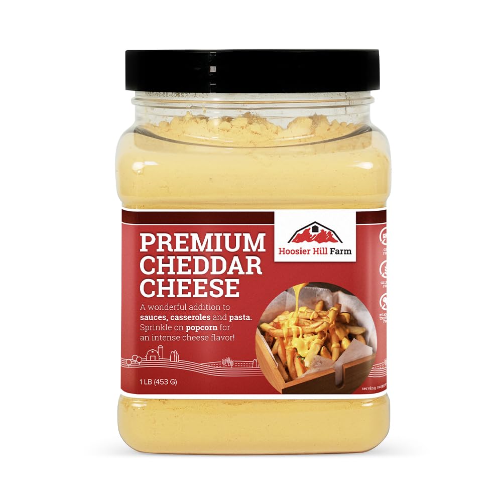 Hoosier Hill Farm Premium Cheddar Cheese Powder bottle showing rich cheddar flavor