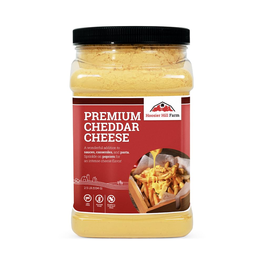Hoosier Hill Farm Premium Cheddar Cheese Powder packaging front for easy shopping.