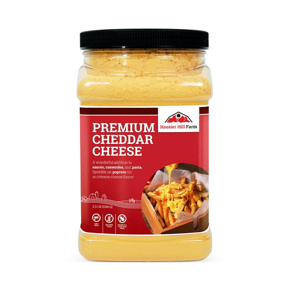 Hoosier Hill Farm Premium Cheddar Cheese Powder packaging front for easy shopping.