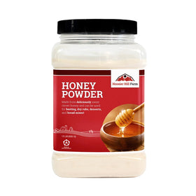 Hoosier Hill Farm Premium Honey Powder in a jar, ready to sweeten tea or baked treats
