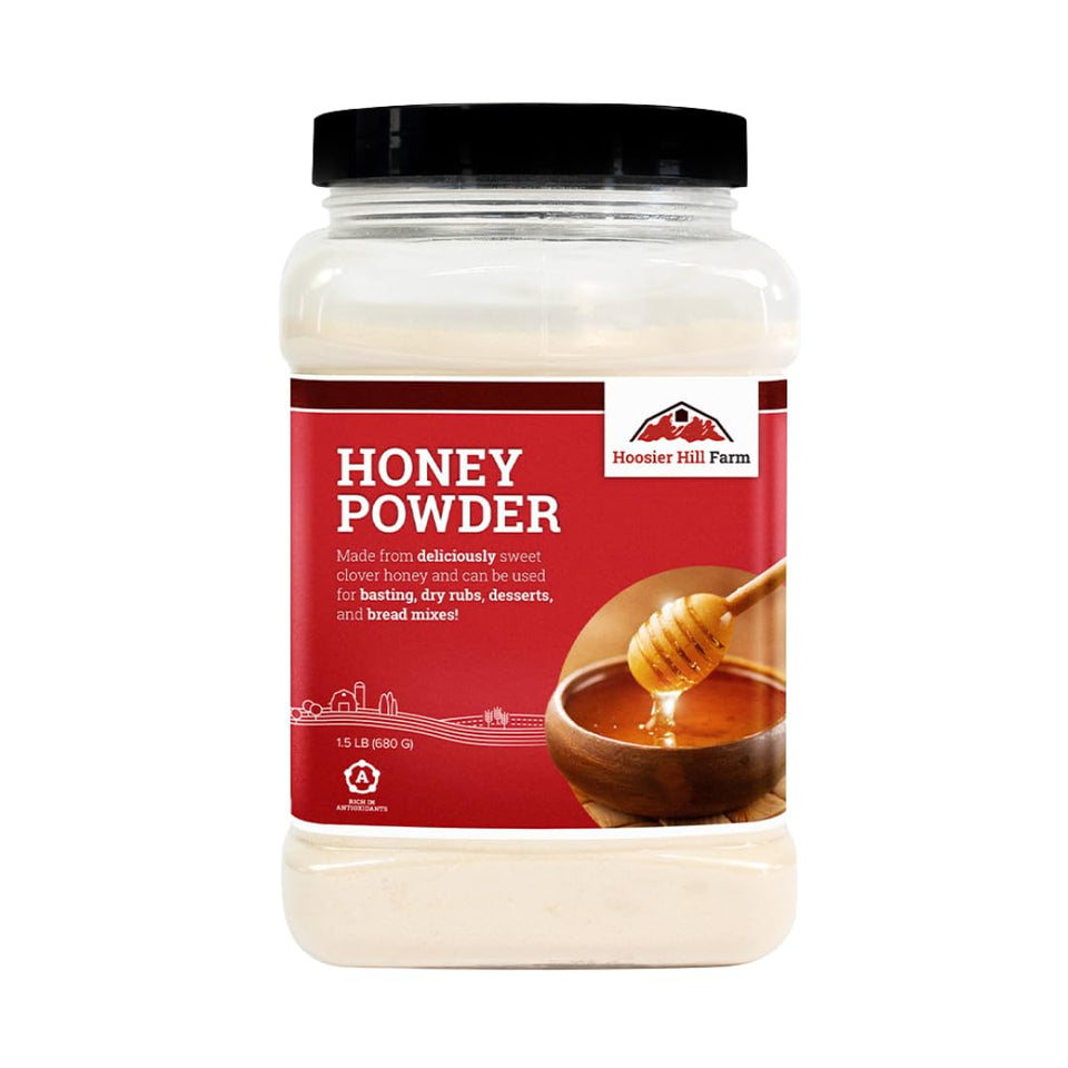 Hoosier Hill Farm Premium Honey Powder in a jar, ready to sweeten tea or baked treats
