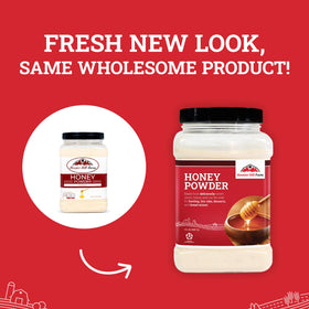 Hoosier Hill Farm Premium Honey Powder bottle in a pantry, ready for quick natural sweetness